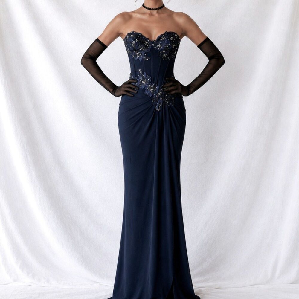 Vintage Navy Blue Strapless Lace Beaded Corset Bustier Maxi Prom Dress Size S/M